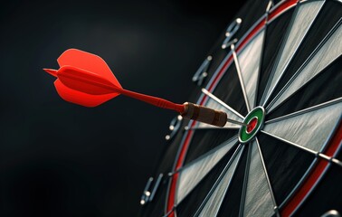 A red dart is flying towards a target. Concept of focus and determination as the dart is aimed at the bullseye
