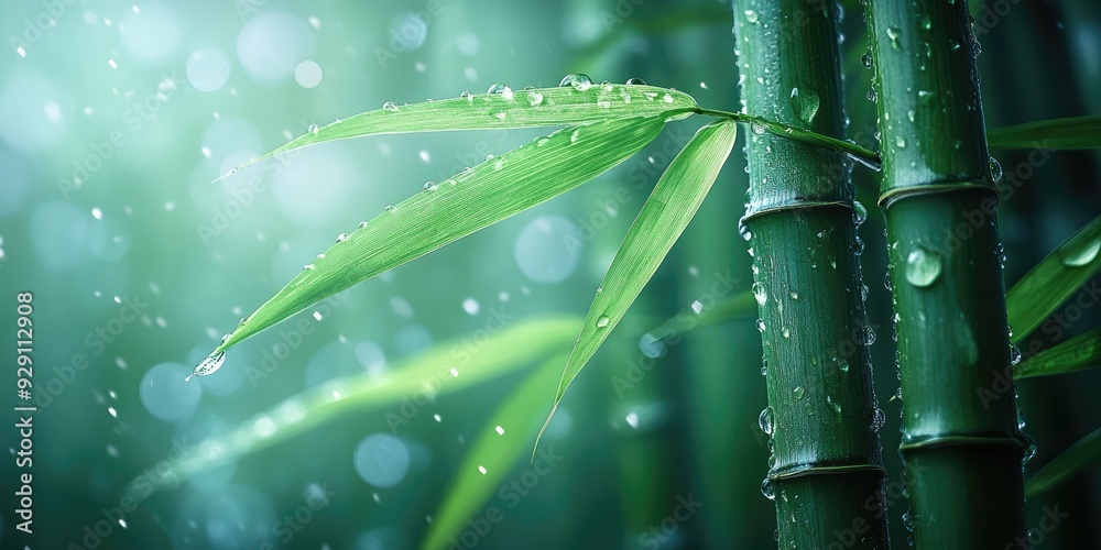 Sticker Close-up of Dewy Bamboo Stalks and Leaves