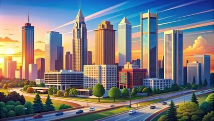 Obraz premium Sleek, modern vector illustration of Atlanta's iconic cityscape, featuring majestic skyscrapers, bustling streets, and picturesque sunset hues against a bright blue sky.