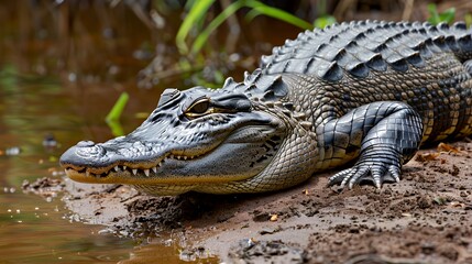 Fototapeta premium A close-up of a crocodile resting by the water's edge in a natural habitat.