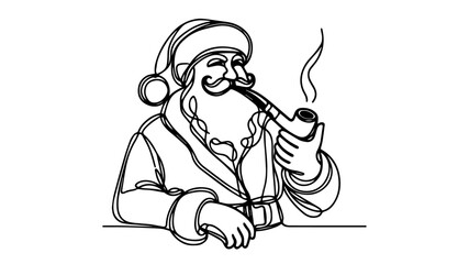 Santa smoking a classic pipe one line illustration