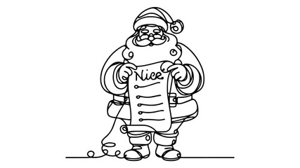 Santa holding his famous naughty or nice list line art illustration