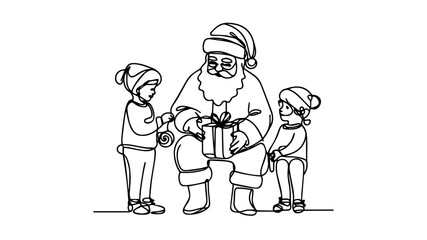 Santa interacting with children one line illustration