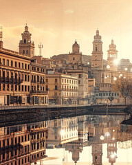 Obraz premium Albacete Artful Fusion: Historic and Modern Elements - A river with buildings and trees in the background