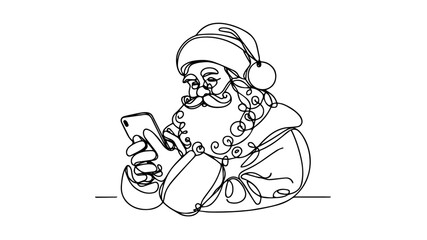 Santa using a smartphone  one continuous line illustration