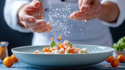 A chef sprinkles salt over a vibrant dish, highlighting culinary artistry and fresh ingredients in a modern kitchen setting.