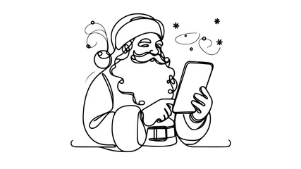 Santa using a tablet one line illustration