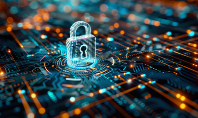 Padlock Icon Enclosed by Digital Shield with Encrypted Data Streams Background