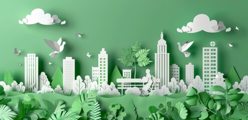 Paper art style depicting a green cityscape with lush foliage and a cyclist