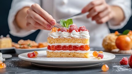 A delicious layered cake topped with cream and fresh berries, perfect for celebrations and dessert lovers.