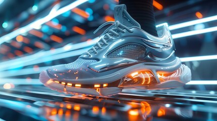 Close-up of a sneakered foot on a treadmill, with glowing digital elements suggesting fitness tracking, running, and technology integration in exercise