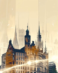 Obraz premium Hamburg Skyline Double Exposure Composite Art Poster - A city with many buildings