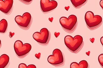 seamless pattern of red hearts on a pink background, in a cartoon style, vector illustration, flat design, digital art, cute and dreamy, playful