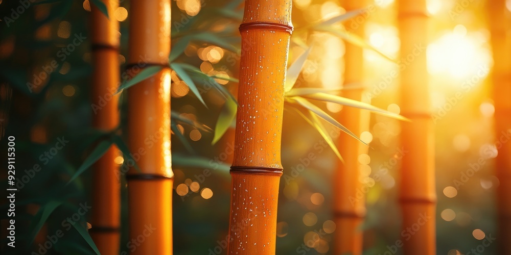 Poster Close-up of Golden Bamboo Stalks with Dew Drops in Sunlight