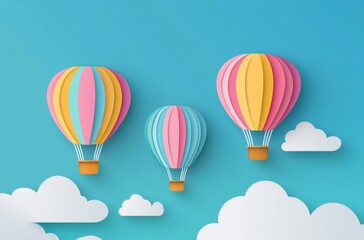 Naklejka premium Three colorful hot air balloons floating in the sky with clouds, in a simple and cute paper-cut style, vector illustration, pastel colors, solid blue background, no shadows, minimalistic, no gradient