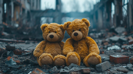 A teddy bear amidst the ruins of a dilapidated urban street