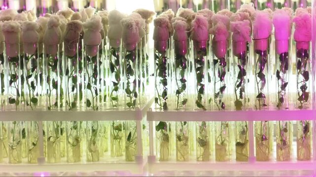 Cloned decorative micro plants in test tubes with nutrient medium. Micropropagation technology in vitro. Sprouts of an agricultural plant grown in vitro.