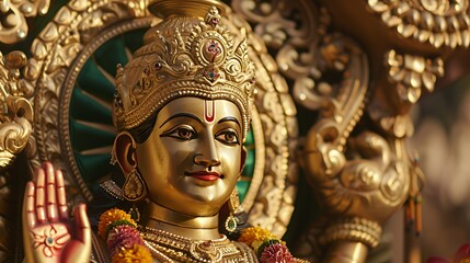 Obraz premium A close-up of a golden statue depicting a deity, adorned with flowers and intricate designs.