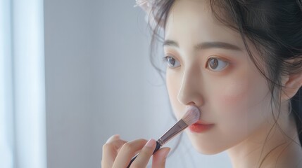 Beautiful young woman applying foundation powder or blush with makeup brush,girl holding make-up brushes and make up on face with skincare,pink cheek girl,cosmetics set,facial beauty.