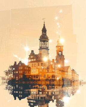 Vendsyssel-Thy Skyline Poster: Double Exposure Art - A building with a clock tower and a tower in the middle of it