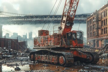 Rusty crane in a weathered construction site under an industrial bridge on a foggy day