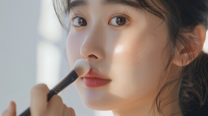 Obraz premium Beautiful young woman applying foundation powder or blush with makeup brush,girl holding make-up brushes and make up on face with skincare,pink cheek girl,cosmetics set,facial beauty.