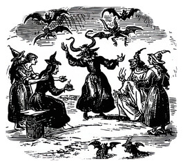PNG  Vintage Halloween witches illustration