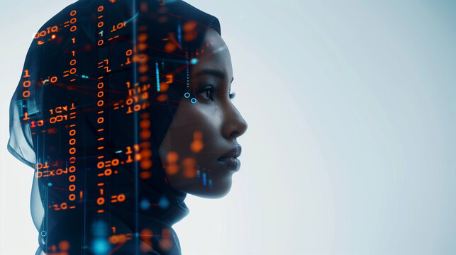 side profile portrait of an Arabian middle eastern female with a tech pattern overlay, portraying a cyber security analyst of artificial intelligence and the future of ai in the UAE workplace. AI Gen	
