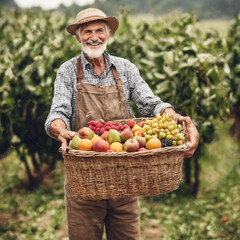 Smiling old farmer holding basket full of fresh fruit in organic farm field