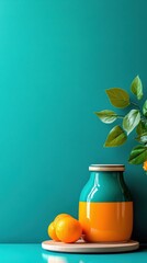 A vibrant still life featuring a colorful vase, fresh citrus fruits, and green leaves against a bold turquoise backdrop.