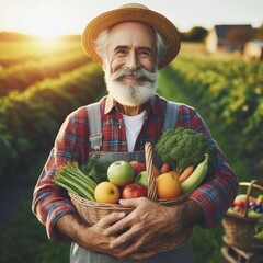 Smiling old farmer holding basket full of fresh fruit in organic farm field