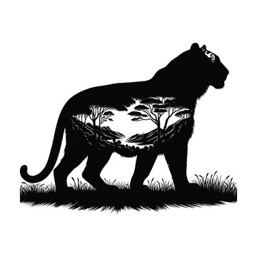 recommend clip art: silhouette of Tiger, filled with nature view in rough drawing, minimalist,