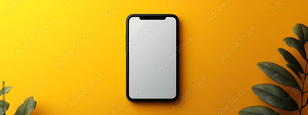 Wall mural  A modern smartphone with a sleek black frame and a blank white screen is displayed against a vibrant yellow background. The phone is centered and viewed from above, emphasizing its minimalist design 