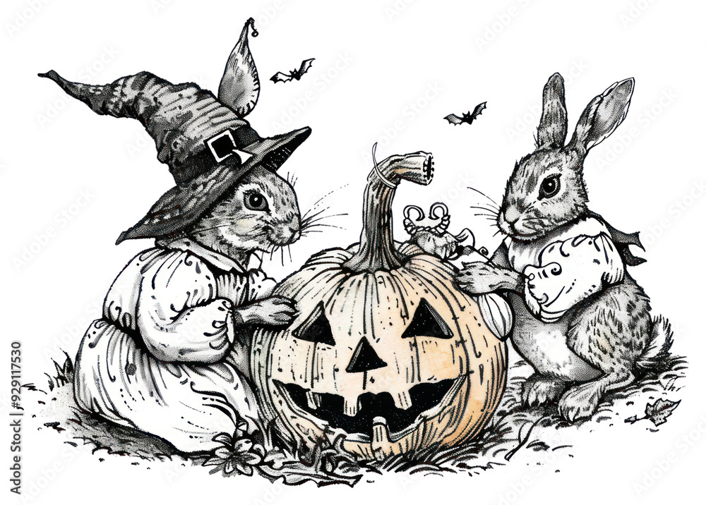 Poster PNG  Halloween rabbits carving pumpkin