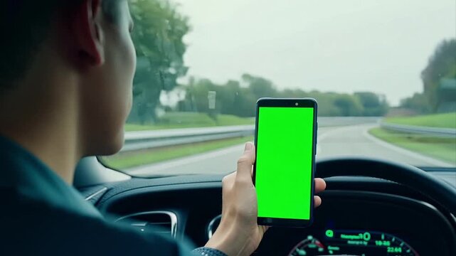 Handheld from backseat of rideshare car driver holding his phone and texting while driving during the day. Phone screen is a chroma key green screen.