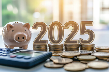 Piggy bank standing on increasing stacks of coins near calculator and number 2025 against blurred background, concept of money saving plan