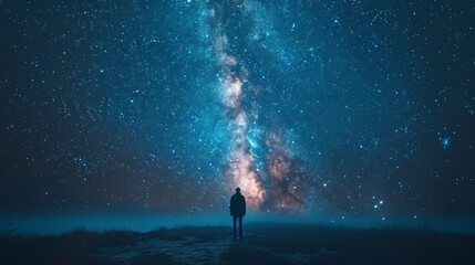 Fototapeta premium Silhouette of a man standing under the twinkling night sky on a hill. While looking at the stars and various celestial objects.