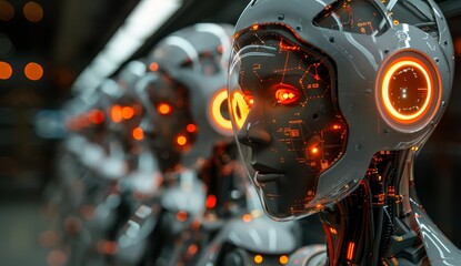 Fototapeta premium A group of transparent humanoid robots with glowing red eyes and orange circuitry inside their heads. 