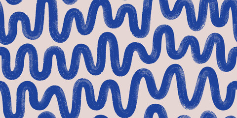 Brush, marker, ink drawn bold doodle lines seamless pattern. Abstract modern geometric blue wavy ornament vector background