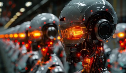 Fototapeta premium A group of transparent humanoid robots with glowing red eyes and orange circuitry inside their heads. 
