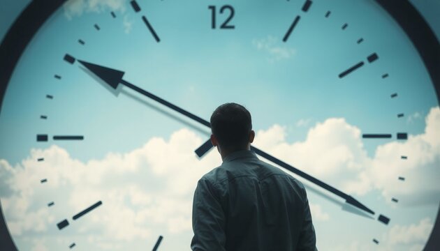 Minimalist composition person facing a large clock hands pointing towards the future emphasizing the concept of hope