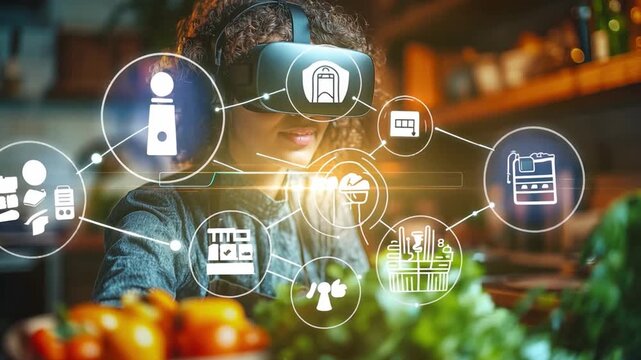 The individual engages with virtual reality while surrounded by fresh vegetables in a contemporary kitchen setting.