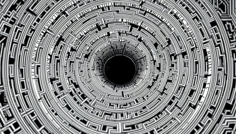 Wall mural monochrome labyrinth intricate line work dense pattern central void representing clarity amidst chao