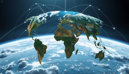 Realistic earth with detailed topography information beams connecting continents global network concept
