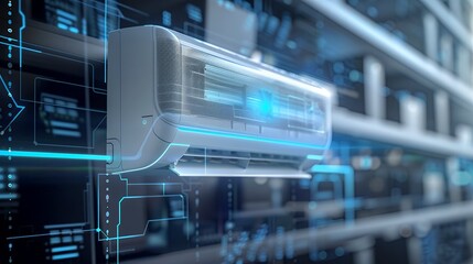 Energyefficient air conditioner in modern living room with fresh natural decor. Concept Energy Efficiency, Air Conditioner, Modern Living Room, Natural Decor, Fresh Decor