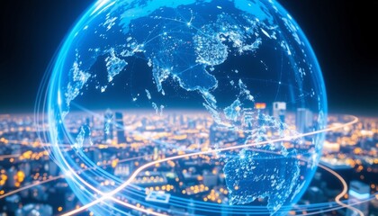 Blue marble earth spinning glowing digital lines connecting major cities