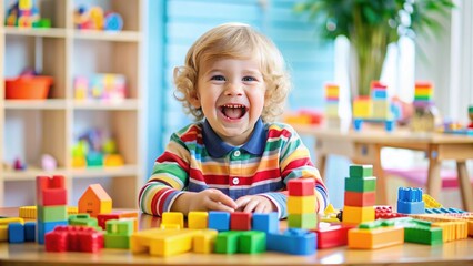 Fototapeta premium Smiling little one sits at a colorful table surrounded by toys and blocks, enthusiastically engaged in playful learning activities with a big joyful smile.
