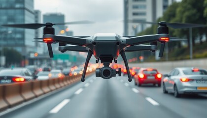 drone following futuristic car city highway back view ai sensors traffic data