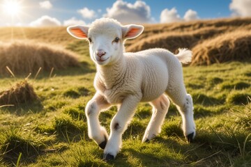 Fototapeta premium Heartwarming Wildlife Photo: Cute Baby Lamb Frolicking in a Sun-Drenched Field with Fluffy Fur and Sparkling Eyes