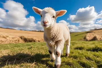 Obraz premium A cute baby lamb frolicking in a sun-drenched field, with fluffy fur and sparkling eyes against a blue sky with fluffy white clouds.